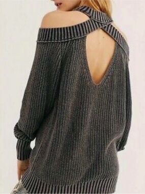 🩶🪩FREE PEOPLE  Off-Shoulder Open-Back Ribbed Knit Sweater - Charcoal🩶 🪩